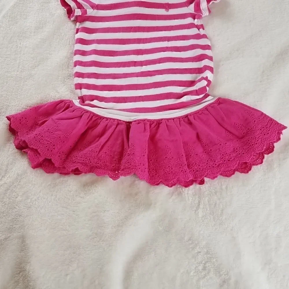 Ralph Lauren Pink Striped Eyelet Lace Trim Tee Dre